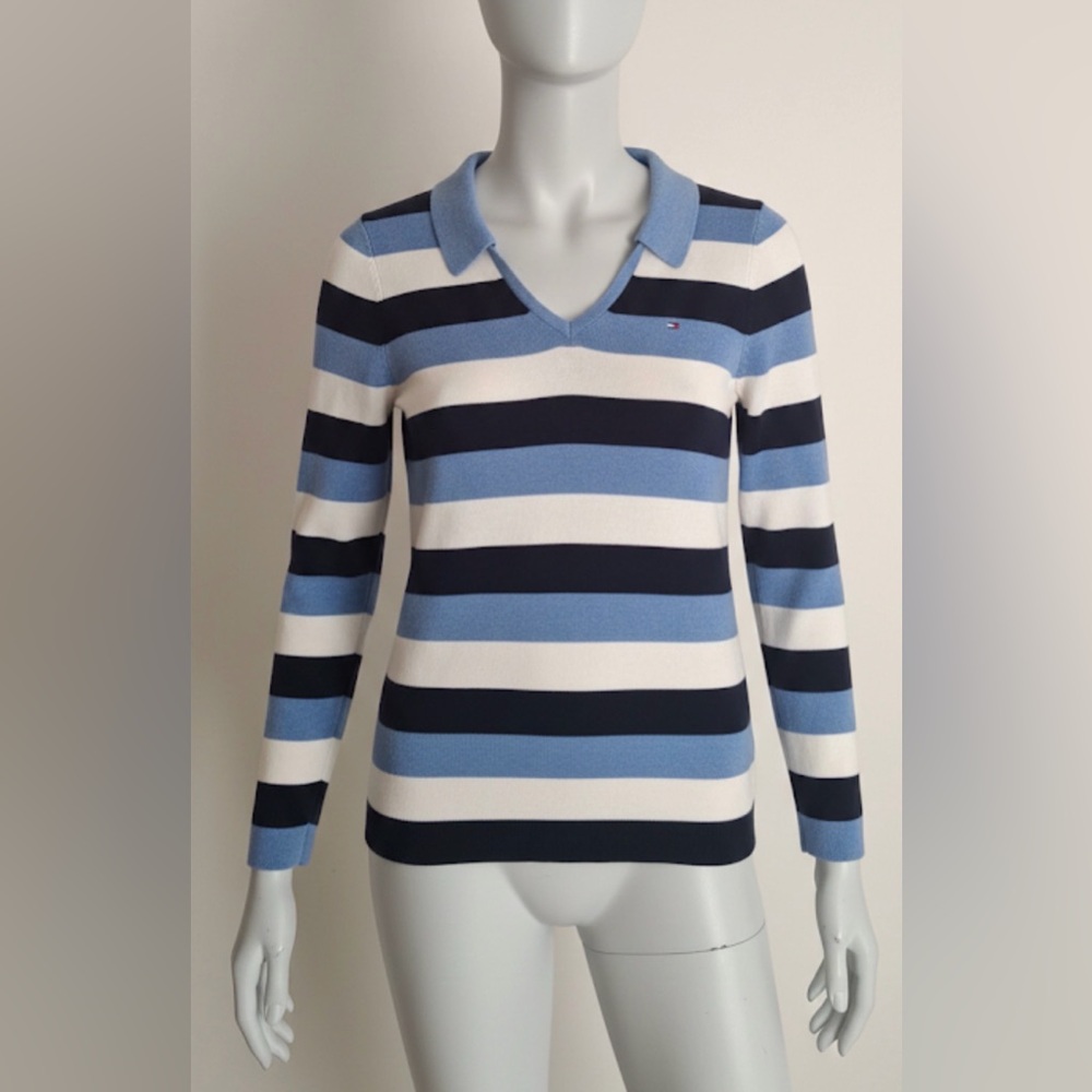 Tommy Hilfiger Women Long Sleeve Pullover V-Neck Stripe Sweater S/P Academia
